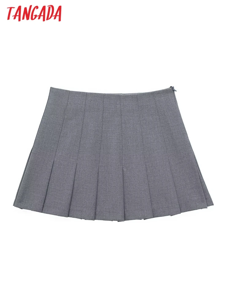 Tangada 2024 New Chic Women Gray Pleated Skirt High Waist Mini Skirts 3H016