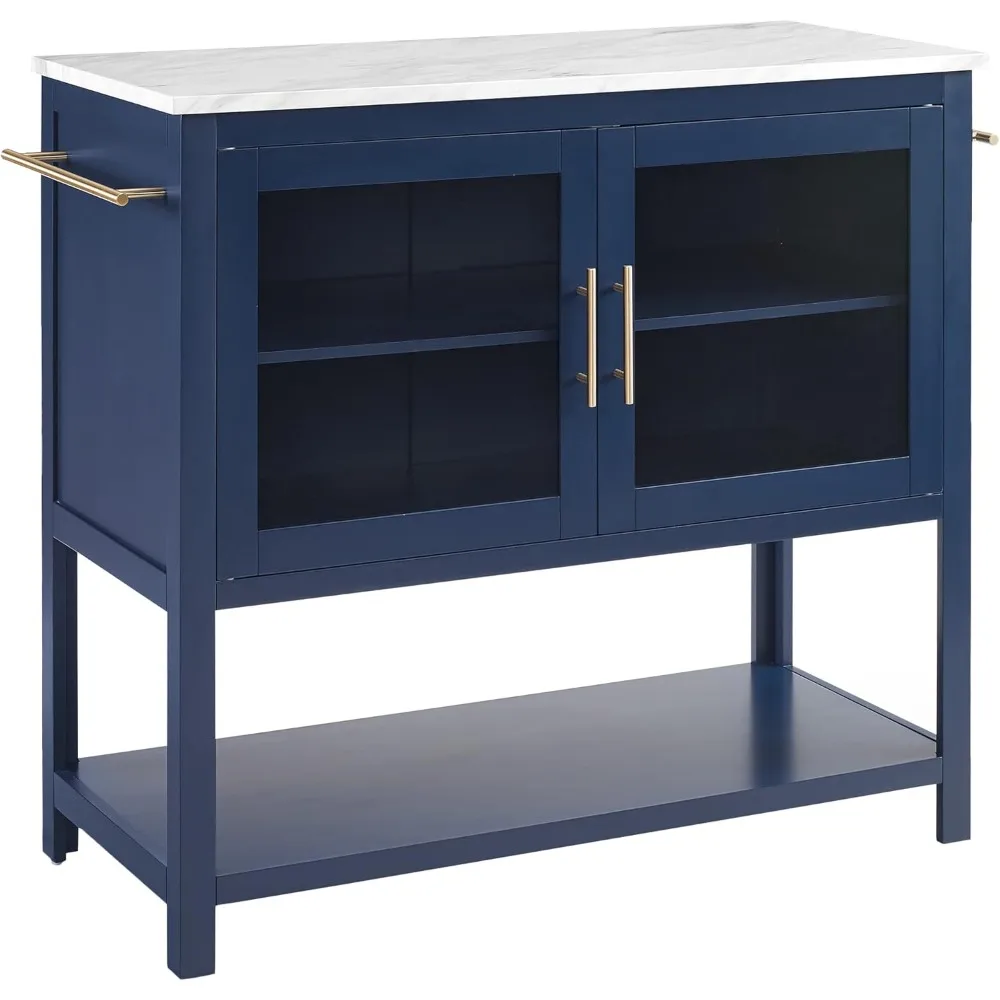 

Kitchen Island, Microwave Stand, Coffee Bar with Storage Shelves, Towel Bars, Navy