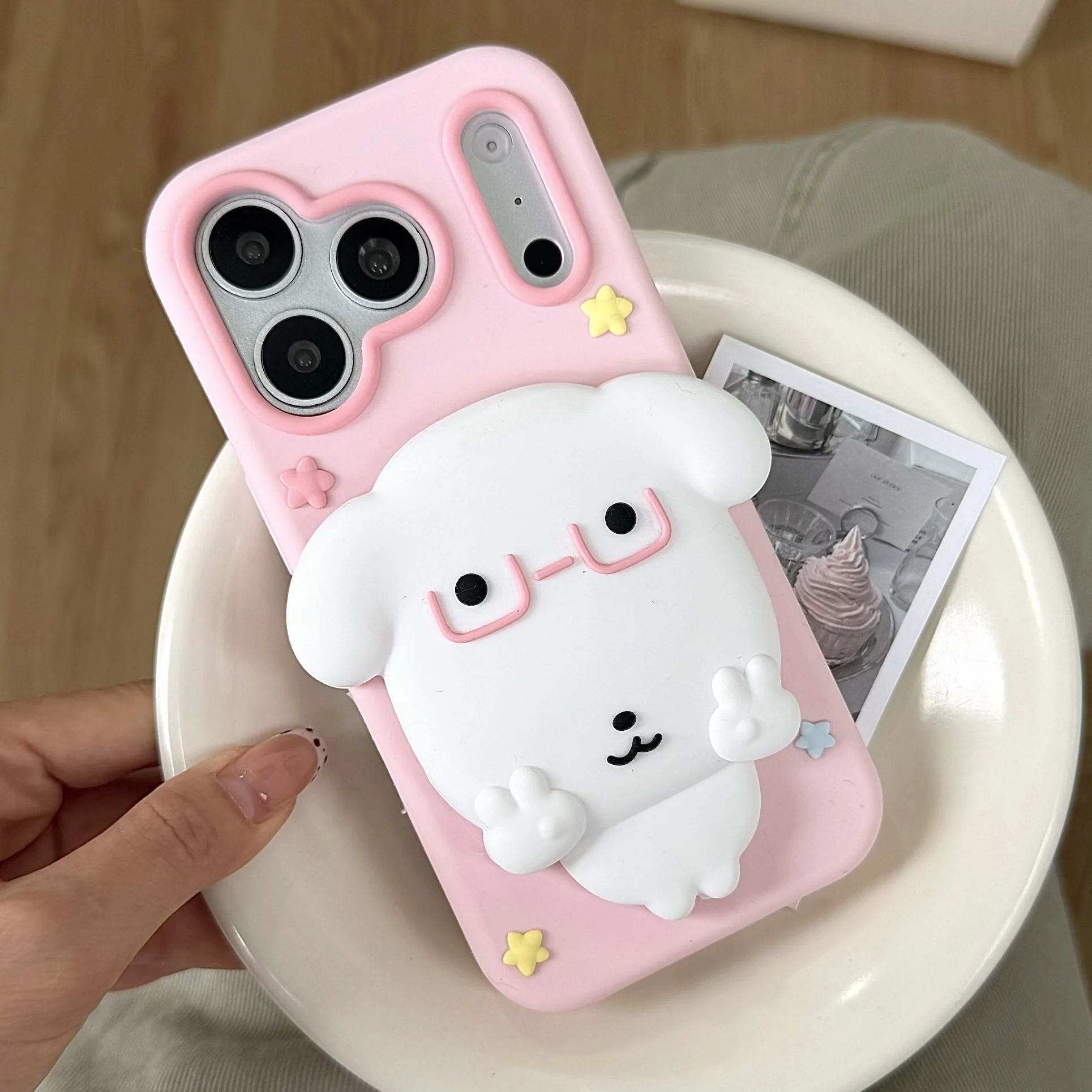 Cute 3D Cartoon Puppy Phone Case for iPhone 17/16/15/14/13 Pro Max With Holder Soft Silicone Shockproof Cover with Stars