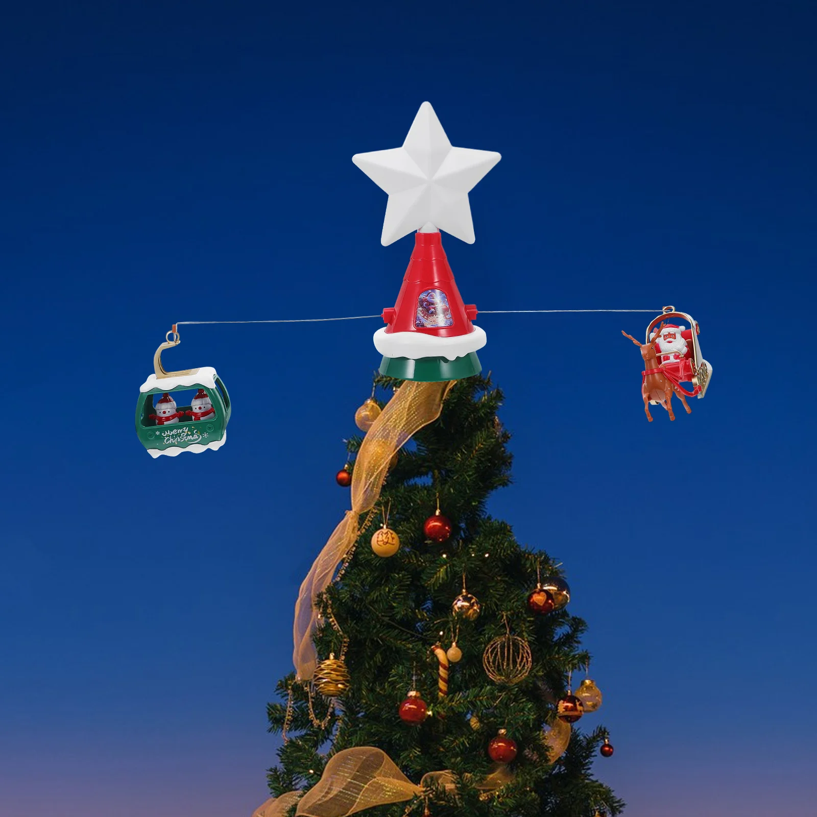 

Rotating Lighted Tree Topper Star Musical Led Christmas Decoration With Santa Sleigh Holiday Tree Top Ornament For
