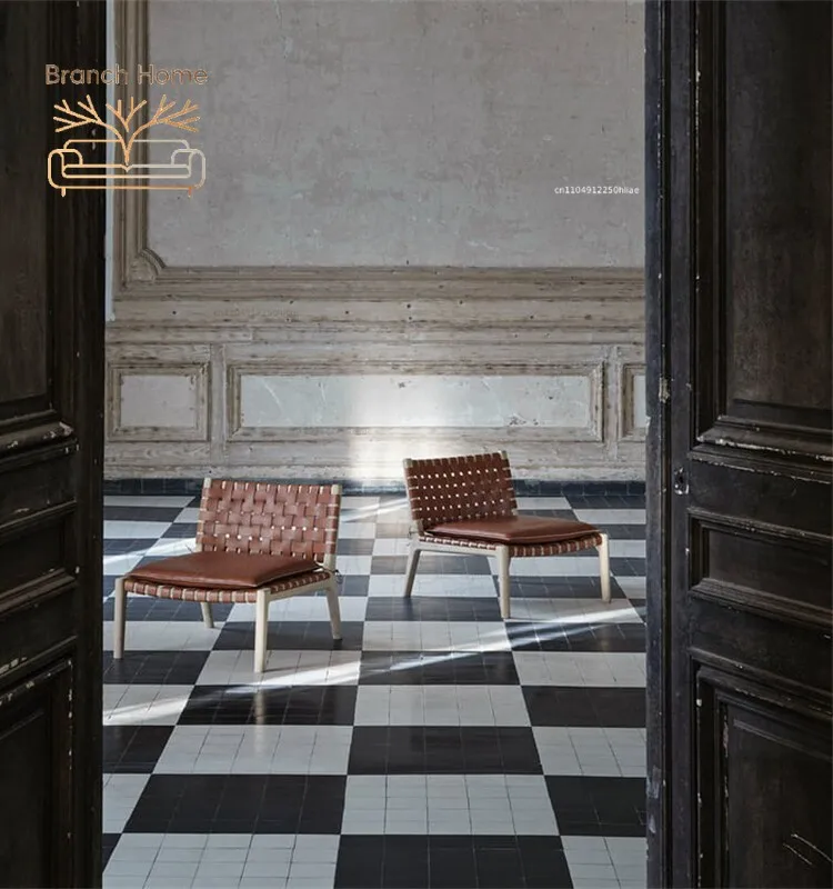 Saddle leather hand-woven single sofa chair solid wood homestay living room retro lazy recliner rattan chair
