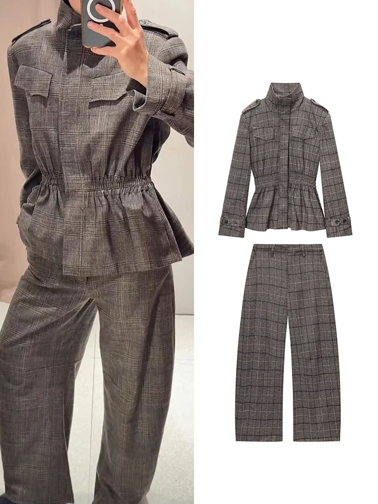 

Женские винтажные куртки и брюки, комплект из 2 предметов, пальто с воротником-стойкой и карманами на пуговицах, брюки с высокой талией, модный стильный клетчатый комплект одежды