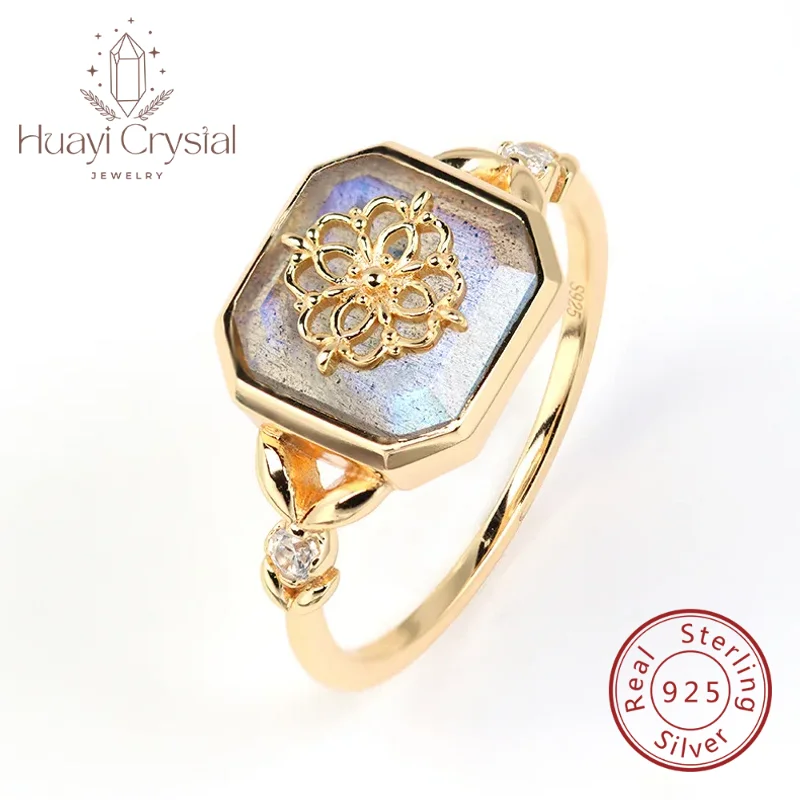 Japanese retro style antique series jewelry S925 silver plating K gold natural gray blue light labradorite ring