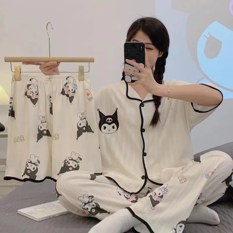 

2025 Kawaii Kuromi Брюки с короткими рукавами Шорты для девочек Y2K Симпатичные пижамы 3 шт. Sanrio Свободный повседневный спортивный комплект домашней одежды для пар