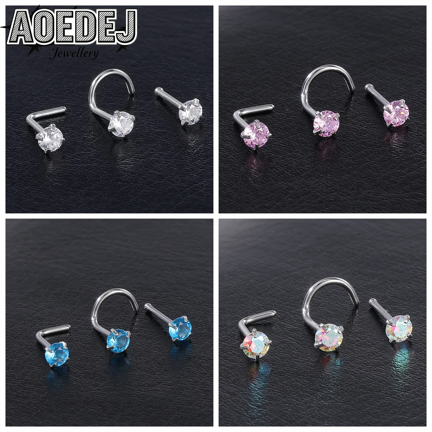AOEDEJ ASTM F136 Titanium 20G 1 PC-5pcs/lot Nose Studs 1.5/2/2.5/3MM CZ Crystal Nose Piercing I/L/S Shape Nostril Piercings Set