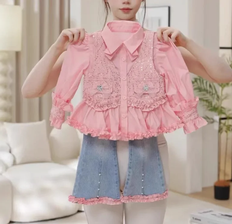 مجموعات أزياء الخريف الجديدة للفتيات الصغيرات، بلوزة مطرزة باللون الوردي + سراويل جينز بدلات الأميرة الأنيقة 2-8 T