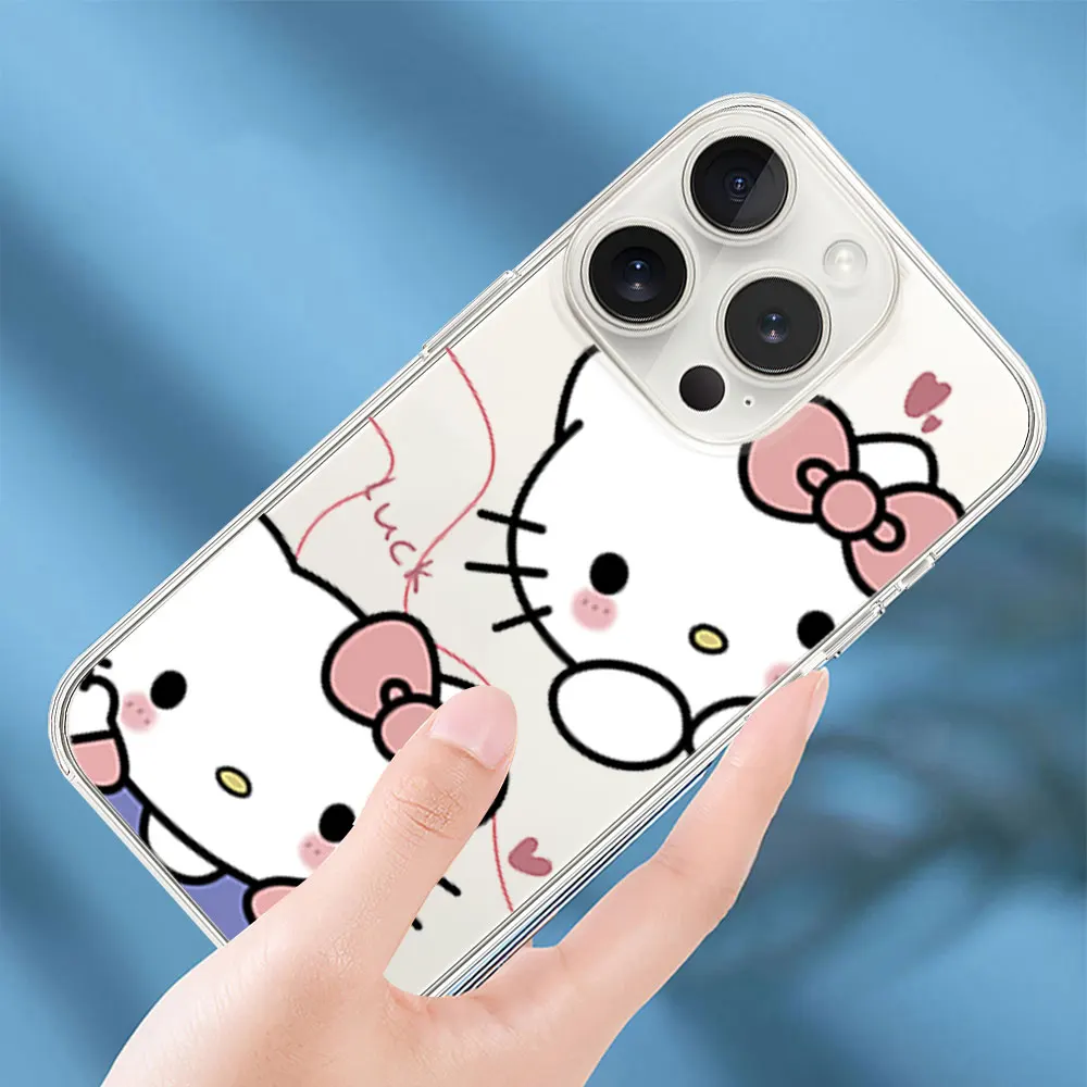 MINISO-caixa de telefone rosa Hello Kitty para iPhone, INS, transparente, Soft Shell, 11, 12, 13, 14, 15, 16 Max, Pro, Plus