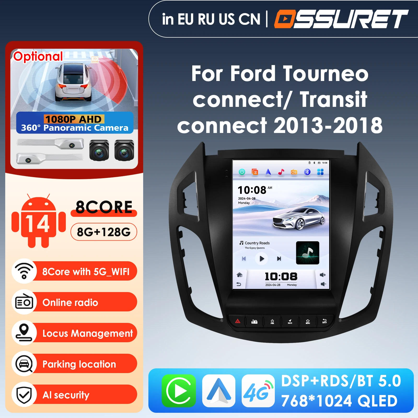 Ossuret 9.7 Polegada 4g sem fio carplay android auto rádio do carro multimídia para ford transit connect 2013 - 2018 ford tourneo connect