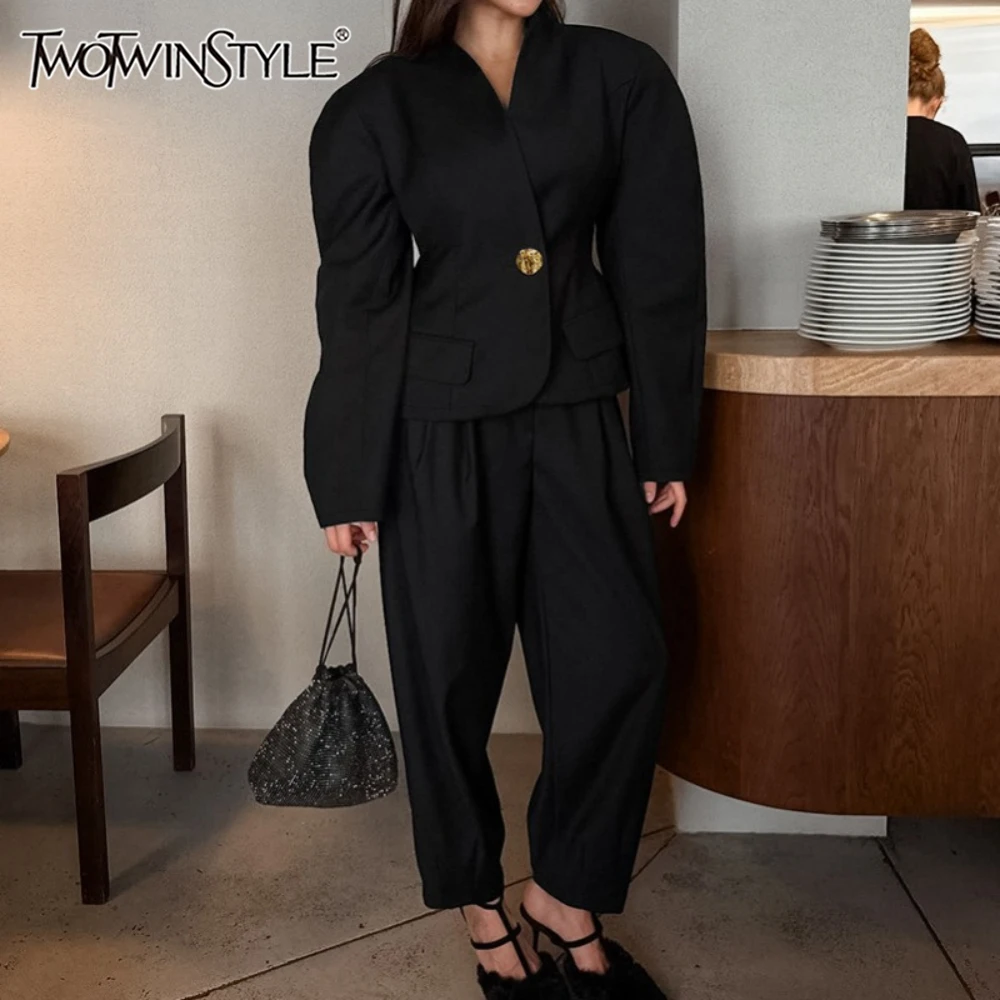 

TWOTWINSTYLE Винтажный повседневный комплект из двух предметов для женщин, туника с v-образным вырезом и пышными рукавами, топ с высокой талией, свободные брюки, минималистичные женские наряды