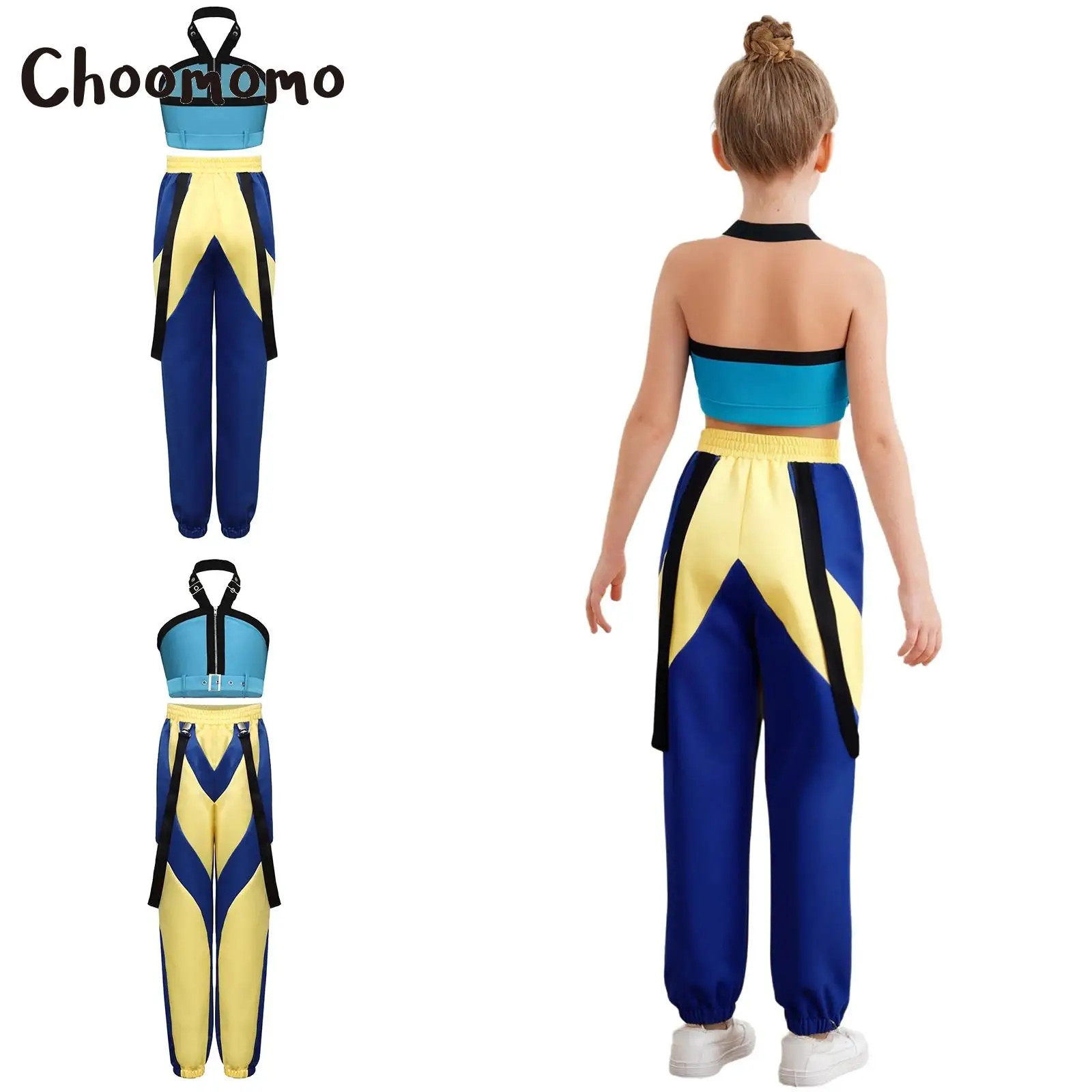 

Girls Demon Singer Cosplay Outfit Halloween Party Costume Featuring Color Block Adjustable Halter Straps Crop Top Long Pants
