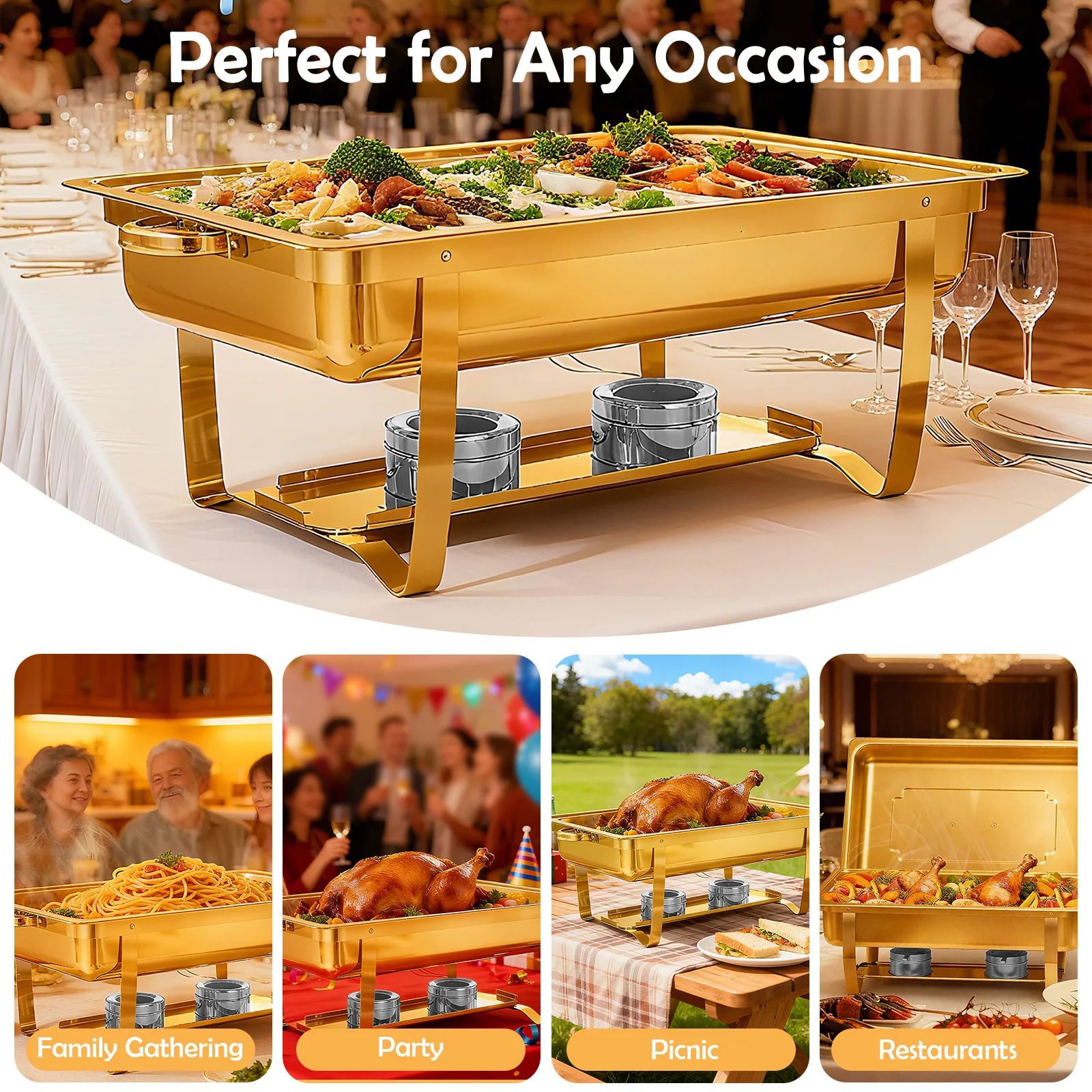 2/4/6 Packs Chafing Dish Buffet Set 9 Quart Square Gold-Plated 316 Stainless Steel Food Warmer Rectangle Chafing Dish with Serving Tongs for Catering Parties Weddings