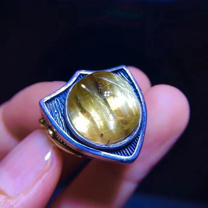 

Natural Gold Rutilated Quartz Adjustable Ring 15.5/14.6mm 925 Silver Rectangle Women Yellow Rutilated Beads AAAAAA