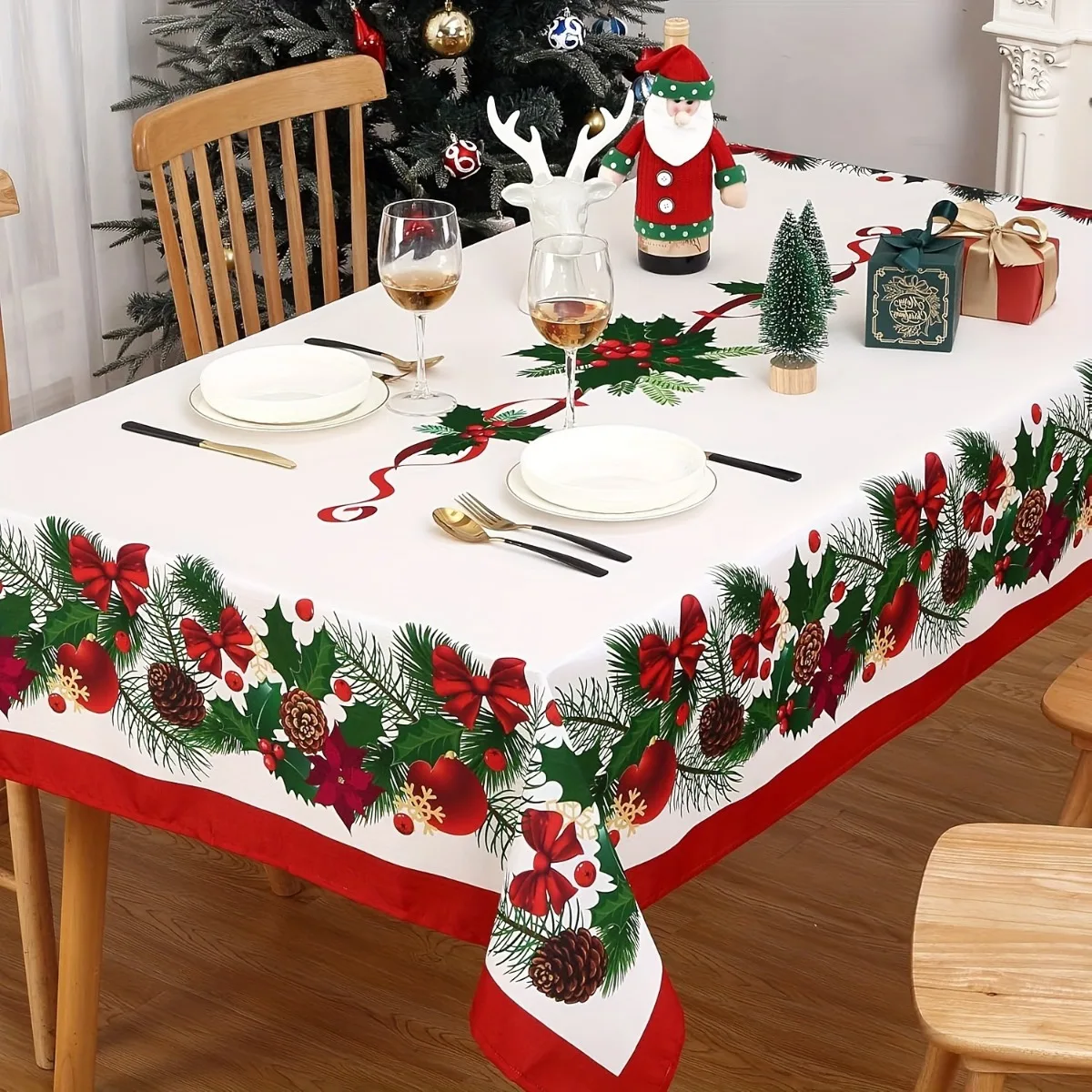 Merry Christmas Holly Pine Cone Tablecloth for Table Decor Washable Winter Xmas Kitchen Dining Table Cloth  Christmas Decoration