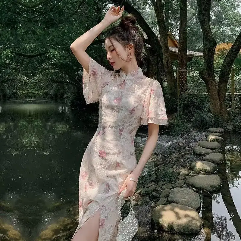 

New Chinese Style Women Elegant Slim Oriental Dress Young Lady Spring Summer Fashion Improved Lace Cheongsam Vestido Qipao Dress