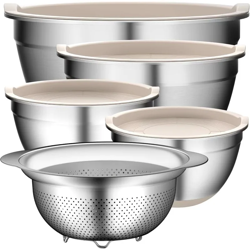 Mixing Bowl Set with Colander, Stainles Steel Mixing Metal Mixing Bowls with Strainer, Non-Slip Bottoms, 5-Piece - Beige