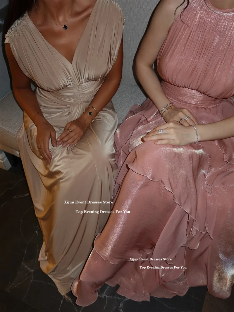 ซีจุนสีชมพูเงาชุดราตรียาวชั้นแขนกุดชุดราตรีซาอุดีอาระเบียอย่างเป็นทางการเอ-ไลน์ชุดราตรีที่กำหนดเอง