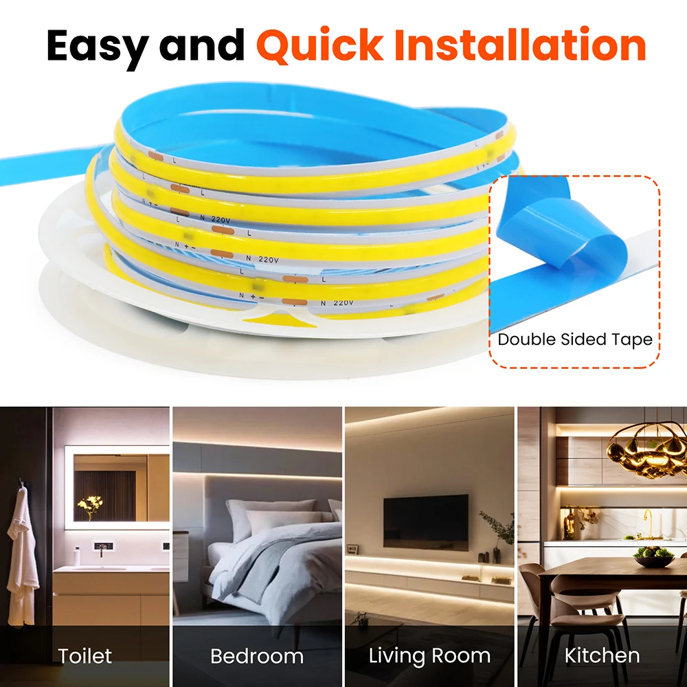 220V 5m 10m 15m 20m 50m COB LED Strip Light 240LEDs/m High Bright Flex Adhesive Tape 8MM PCB Warm Natural White Home Decoration