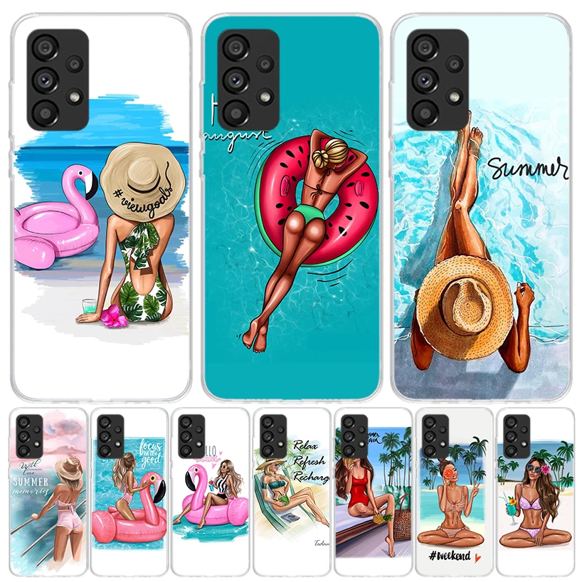 Girl Flamingo Summer Beach Case Phone Cover for Samsung Galaxy A15 A14 A13 A12 A55 A54 A53 A52 A35 A34 A33 A32 A25 A24 A23 A22 A