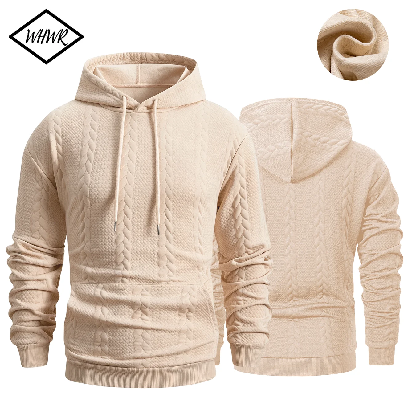 Men's Winter Warm Fleece Hoodie Cable Knit Textured Pullover Hooded Sweatshirt Kangaroo Pocket for Gym Street Daily Commute Cold Weather Layer Wear