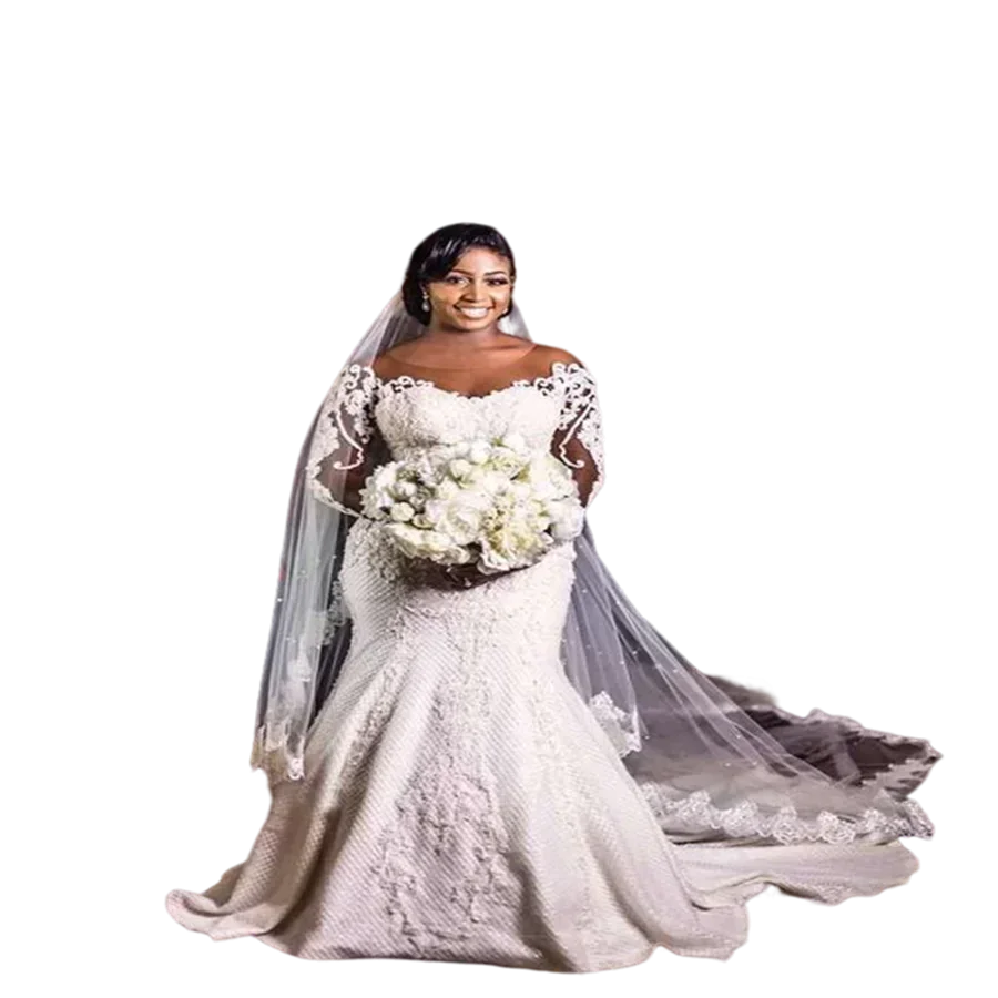 

Customized Popular Illusion Long Sleeves Black Woman Wedding Dresses Vestido Novia Sweep Train Lace Appliques Bridal Gown
