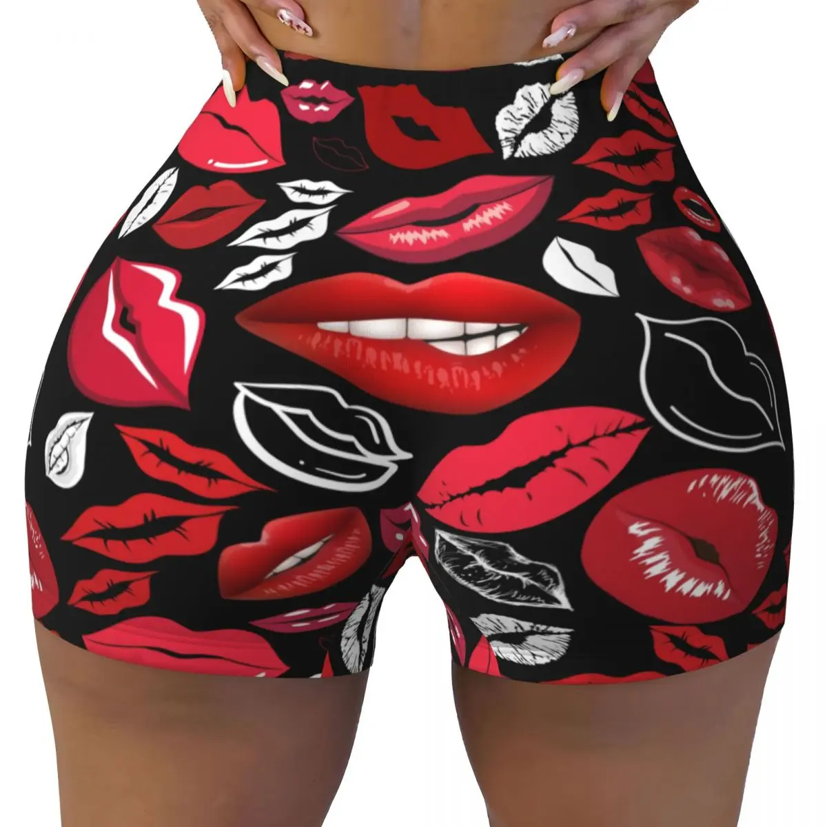 

Изготовленные на заказ красные и белые шорты Kissy Lips с черными шортами для бега и волейбола для женщин, спортивные шорты для йоги в тренажерном зале