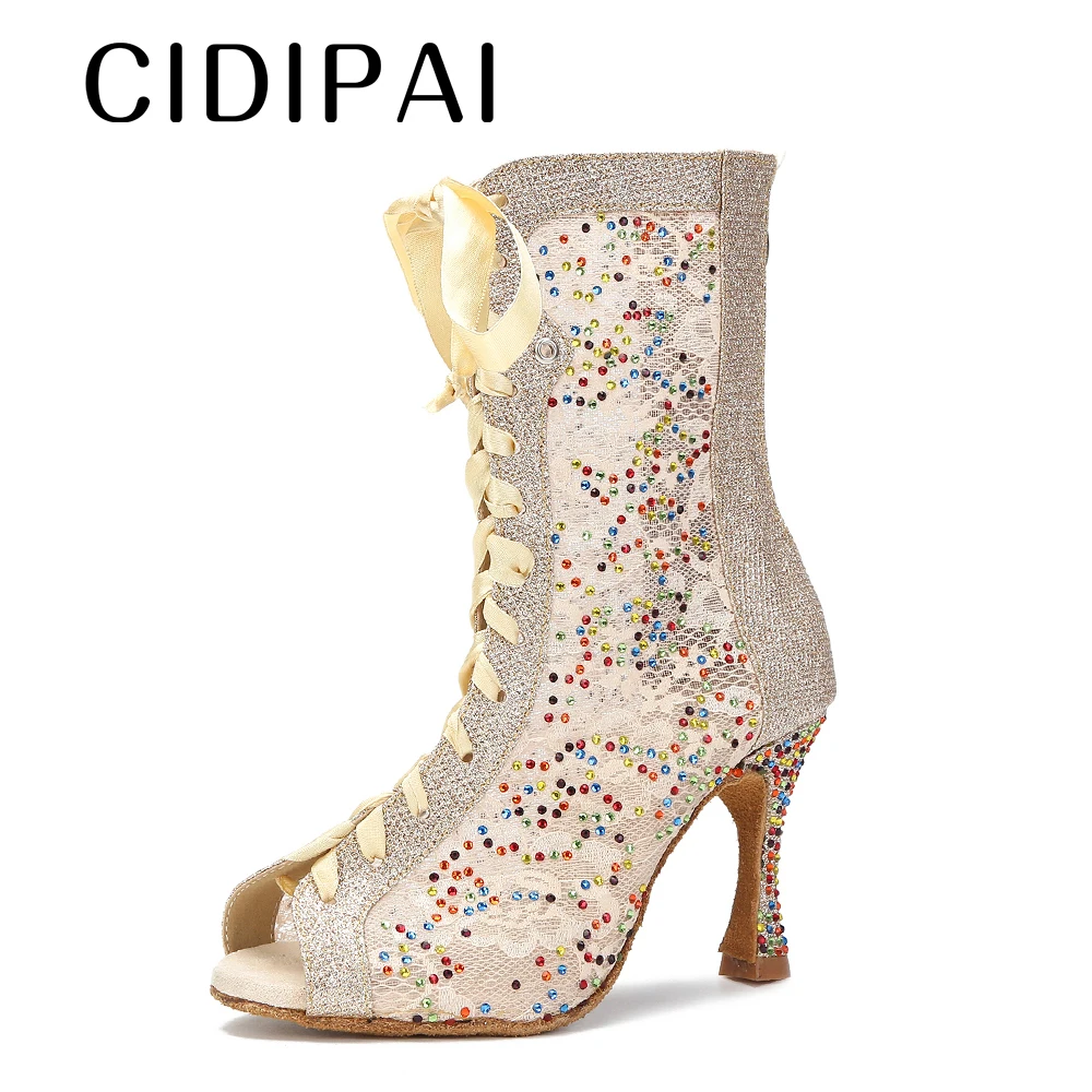 CIDIPAI Soft Sole High Top Dance Boots Women Ballroom Dancing Shoes Lace Mesh Latin Dance Shoes Cuban heel Black Party Boots