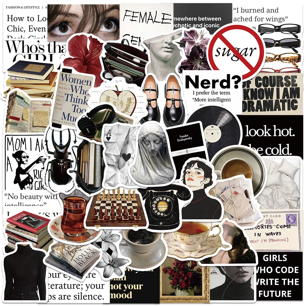 

50 шт. винтажных эстетических наклеек в стиле Dark Museum, с литературными мотивами и символикой женского сопротивления, для ноутбуков, скейтбордов, чехлов для телефонов, скрапбуков