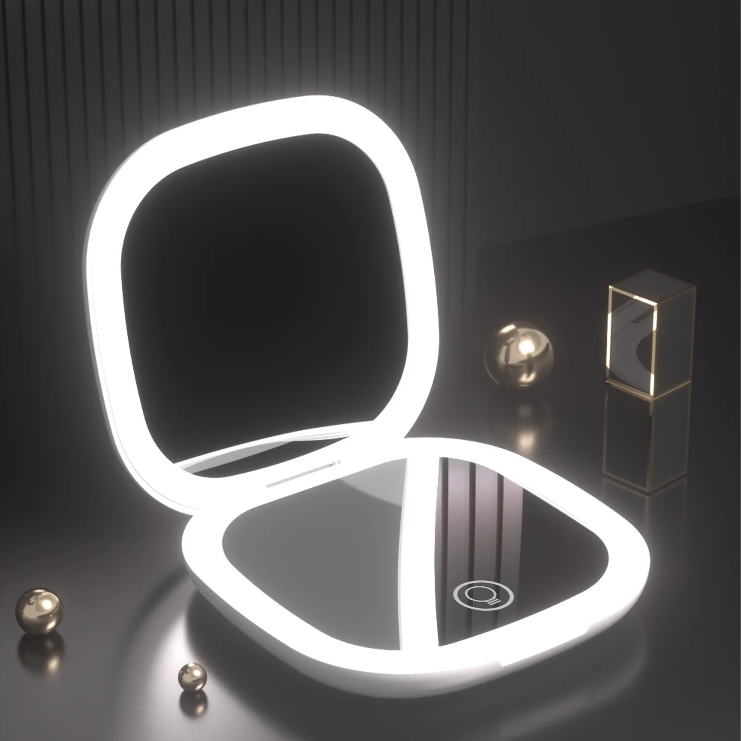 Portable folding handheld led cosmetic mirror double-sided light with three-color luminous USB charging gift mirror