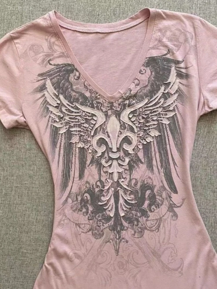 2025 Ropa Mujer Camisetas de verano para Mujer, Túnica de manga corta con cuello en V, Camisetas con estampado rosa, Tops cortos, camiseta informal elegante Y2k