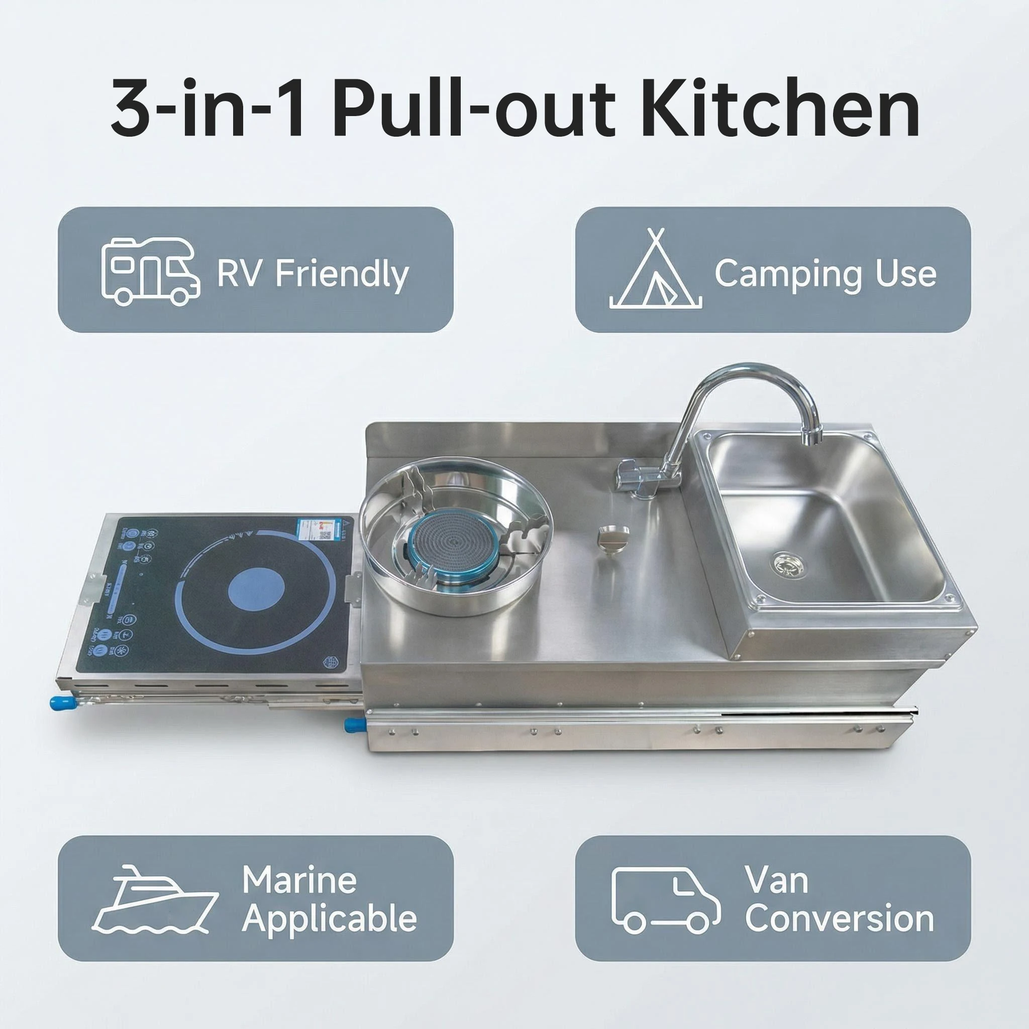 RV Pull Out Induction Cooker Combo Gas Cooker With Sink Stainless Steel For Caravan Motorhome