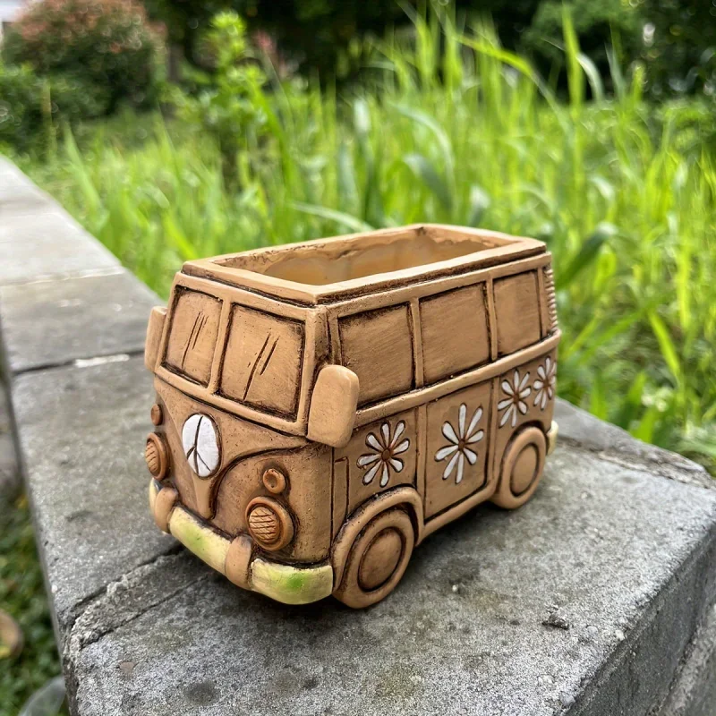 Vintage Hippie Van Resin Planter - Creative Car Flower Pot for Indoor/Outdoor Garden Decor