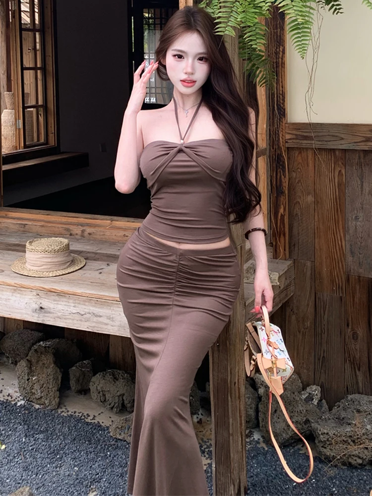 

Sexy Strapless Long Vest Top with Chest Pad Baring the Clavicle Slim Fit Two-Piece Set for Women Fashionable Casual Wear