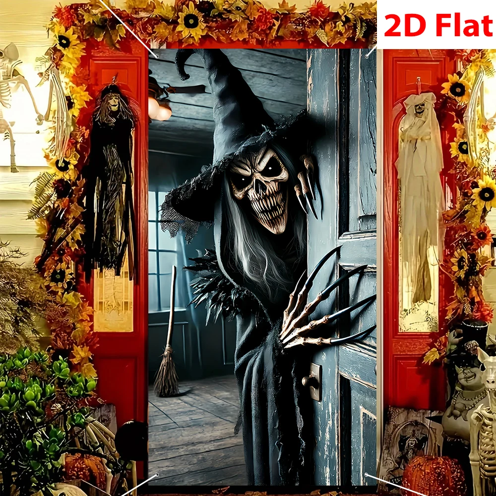 Halloween Skeleton Witch Door Cover Polyester Spooky Ghost Door Curtain Backdrop For Front Door Porch Halloween Party Decoration
