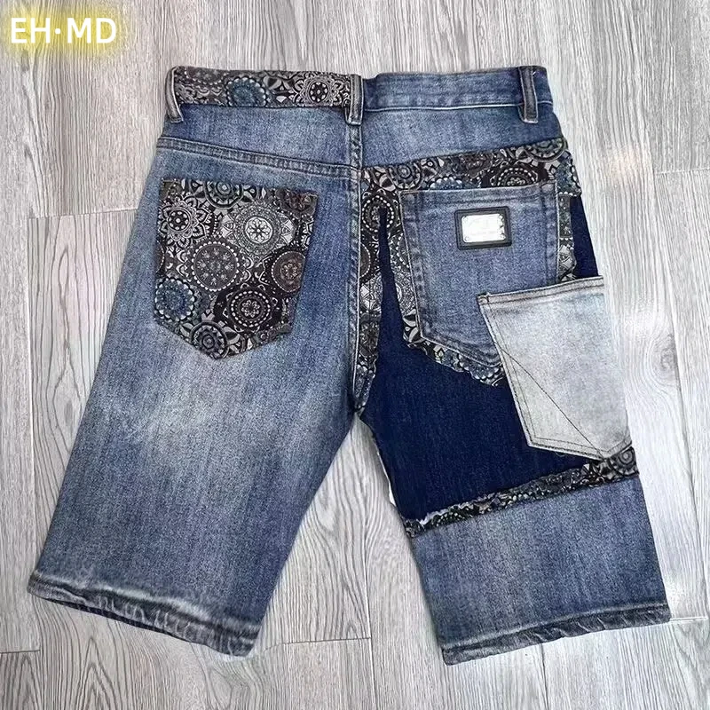 

Men's Embroidery Denim Shorts Hiphop Pants Cherry Blossom Dragon Totem Washed Zipper Cotton Red Ears Graffiti On Carpet Fabric 2