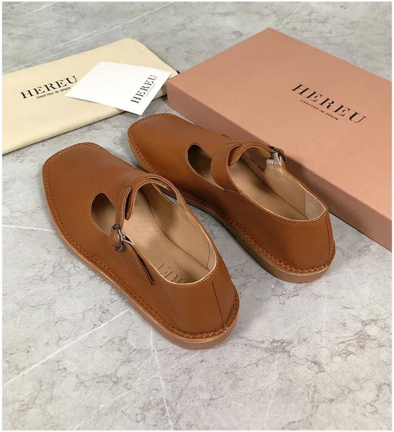 HEREU Ladies Sandals Genuine Leather Square Toe Summer Women\'s Shoes Fashion Casual Buckle Square Heel Shoes