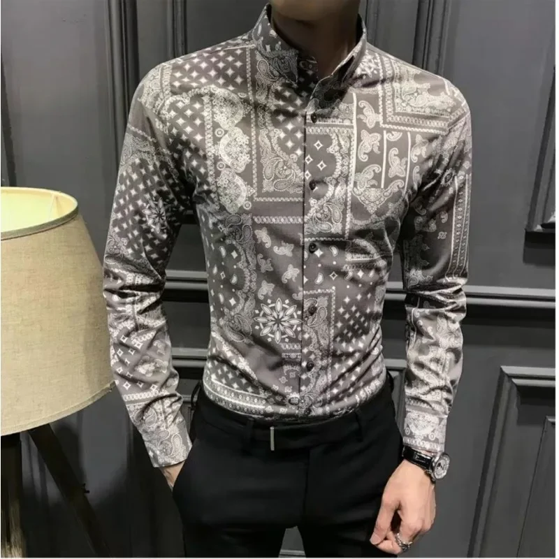 

Весенне-осенняя мужская модная тонкая рубашка для отдыха, мужская красивая рубашка с цветочным принтом, корейский стиль, трендовая индивидуальная рубашка с длинным рукавом и принтом