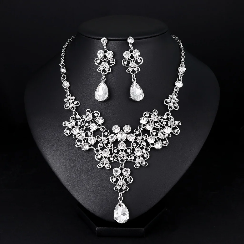 Wedding Jewelry Sets for Charming Women Accessories Rhinestone Glass Crystal Necklace Earrings Set Silver Color