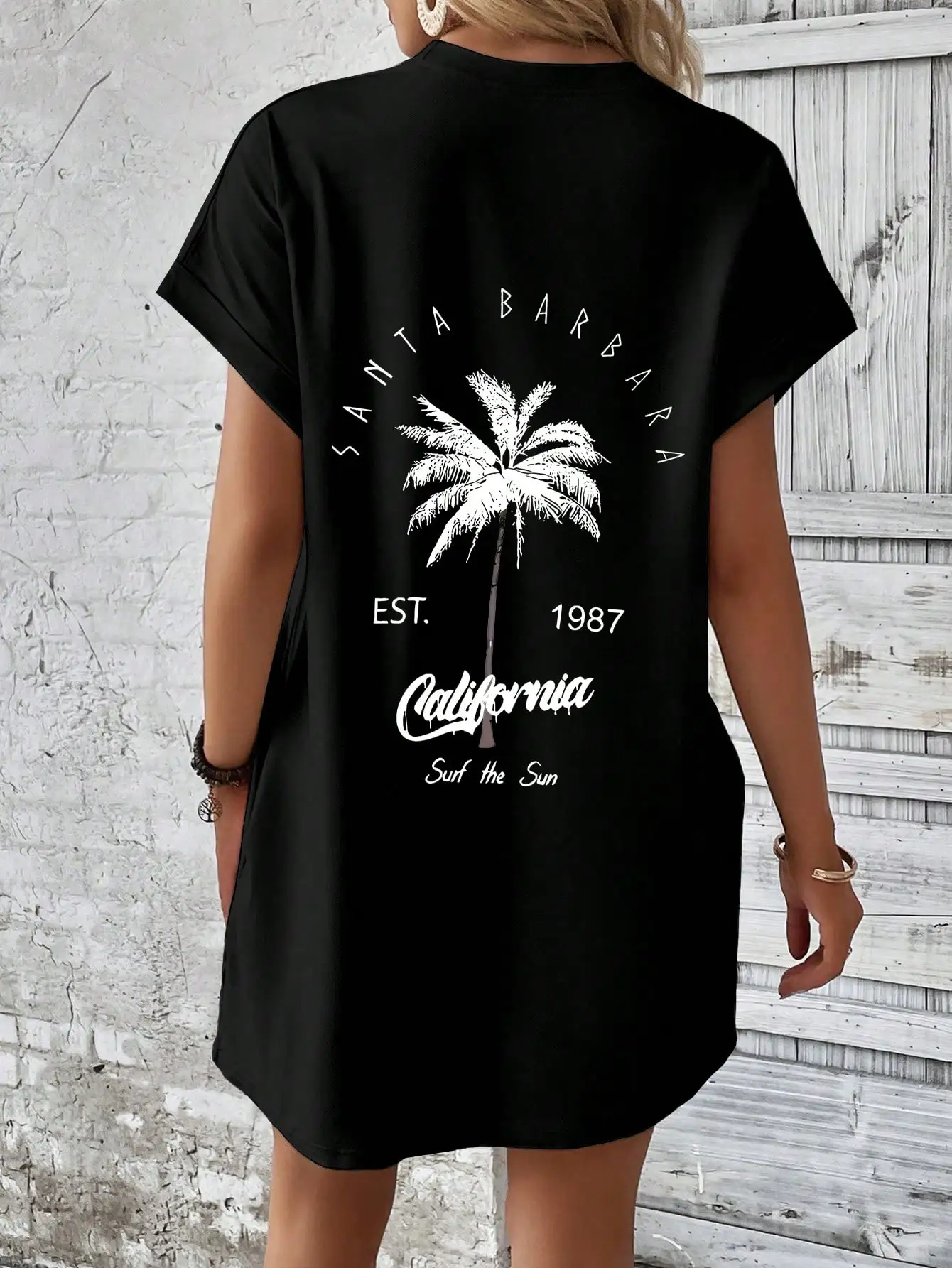 

Women's Black Palm Tree Print Batwing Sleeve Casual T-Shirt Dress