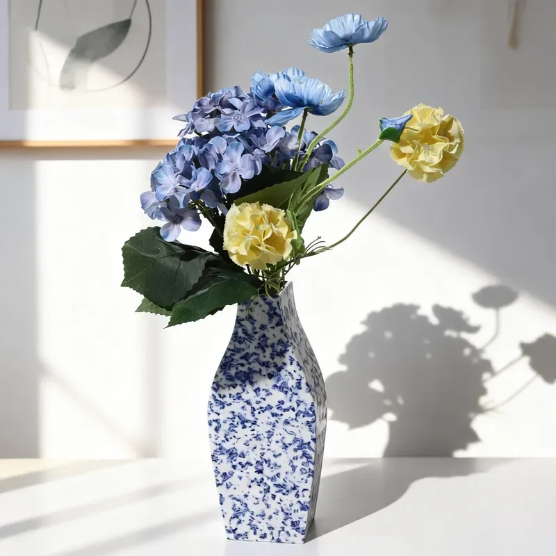 Light Blue Art Deco Style Hand Painted Flower Vase Large Capacity Plastic Tabletop Decorative Piece for Home Office