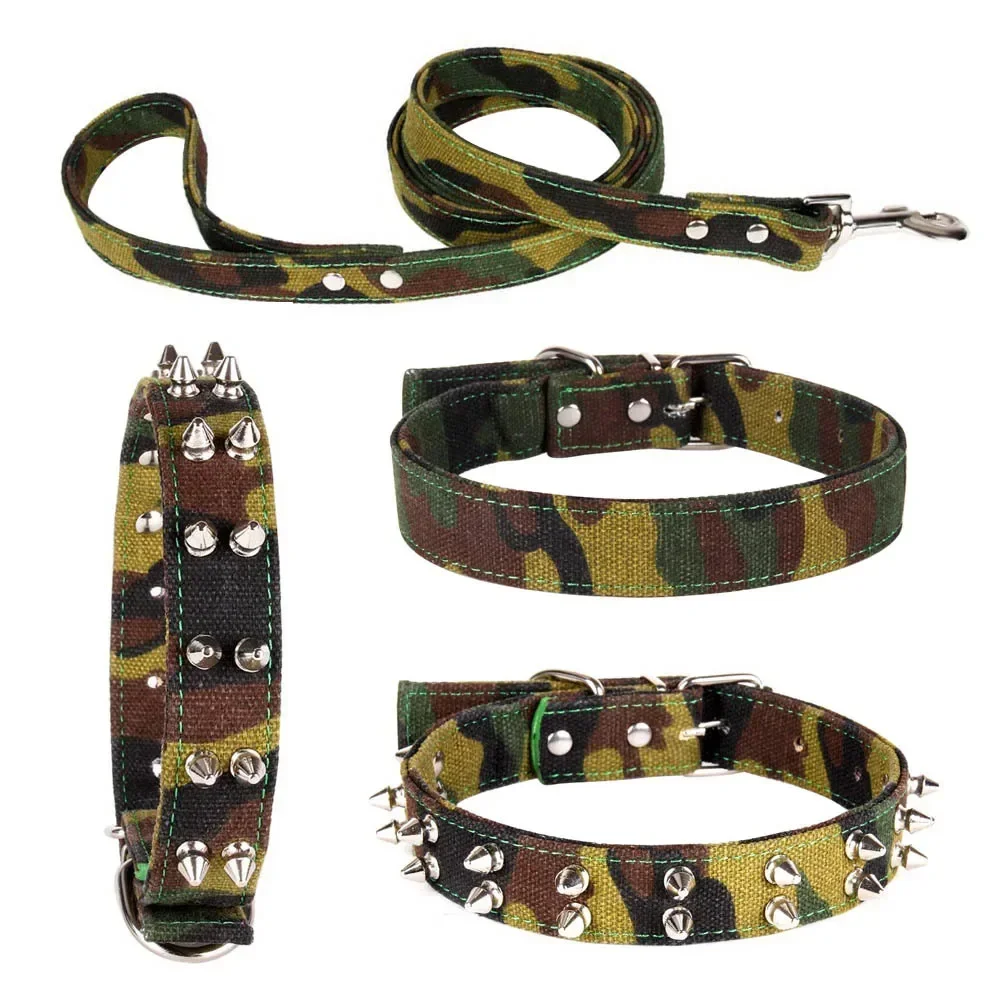 

Cloth Camouflage Dog Collar And Leash Rope Spiked Studded Adjustable Pet Collars For Medium Large Dog German Shepherd Training