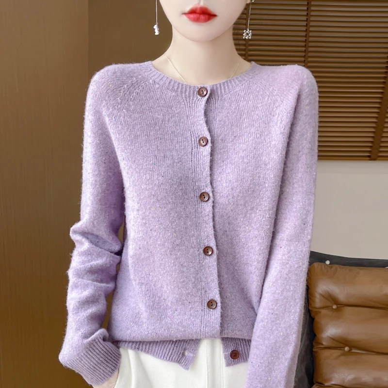 Autumn Winter New First-line ready to wear 100% Pure Wool Women\'s Clothing Round Neck Knitted Cardigan Fashion Long Sleeve Tops