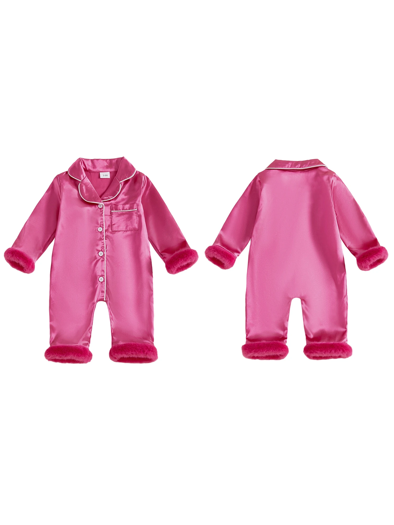 Setelan Pakaian Tidur Bayi Satin dengan Trim Bulu Imitasi, Kerah Kontras V-Neck dan Lengan Panjang - Romper Kancing Depan untuk Bayi Perempuan