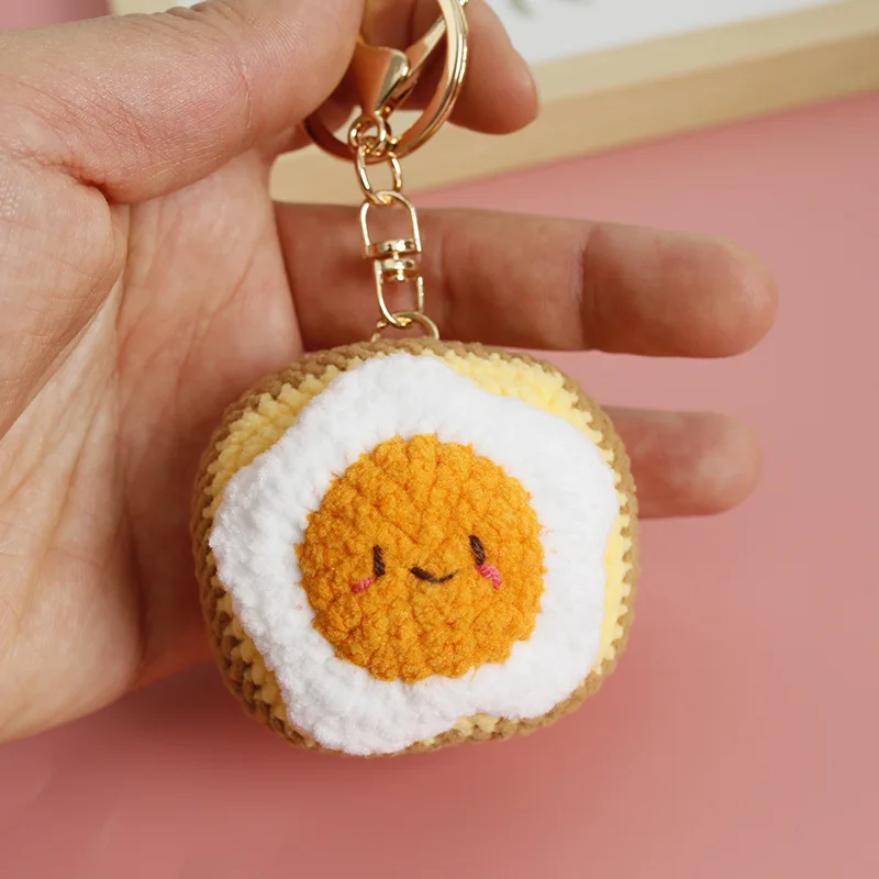 Cute Breakfast Series Crochet Doll Keychain For Car Keys Kawaii Fried Egg Pendant Keyrings Funny Sandwich Doll Knitting Keychain