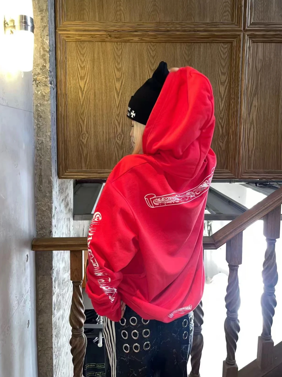 

Strong Happin Heart Soso Autonus Red Scroll Print Hoodie ex Cotton Polyester Warmth Daily Wear Non-Sinking