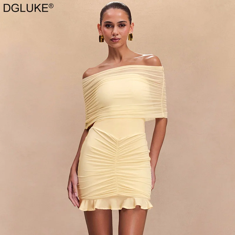 

DGLUKE Ruched Off Shoulder Mini Dress Women High Waist Ruffle Bodycon Dress Strapless Backless Sexy Short Summer Dress 2025