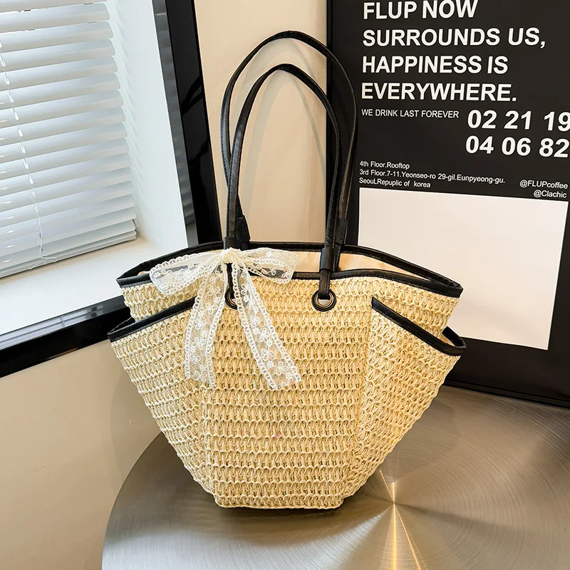 

Весенняя тканая сумка-ведро 2024, минималистичная нишевая сумка на плечо, просторная соломенная сумка-тоут, повседневная богемная сумка ​