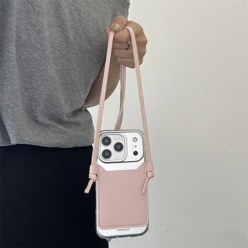 

Cute Pink Leather Crossbody Phone Case For iPhone 17 16 15 14 Pro Max Card Holder Lanyard Protective Cover for Women