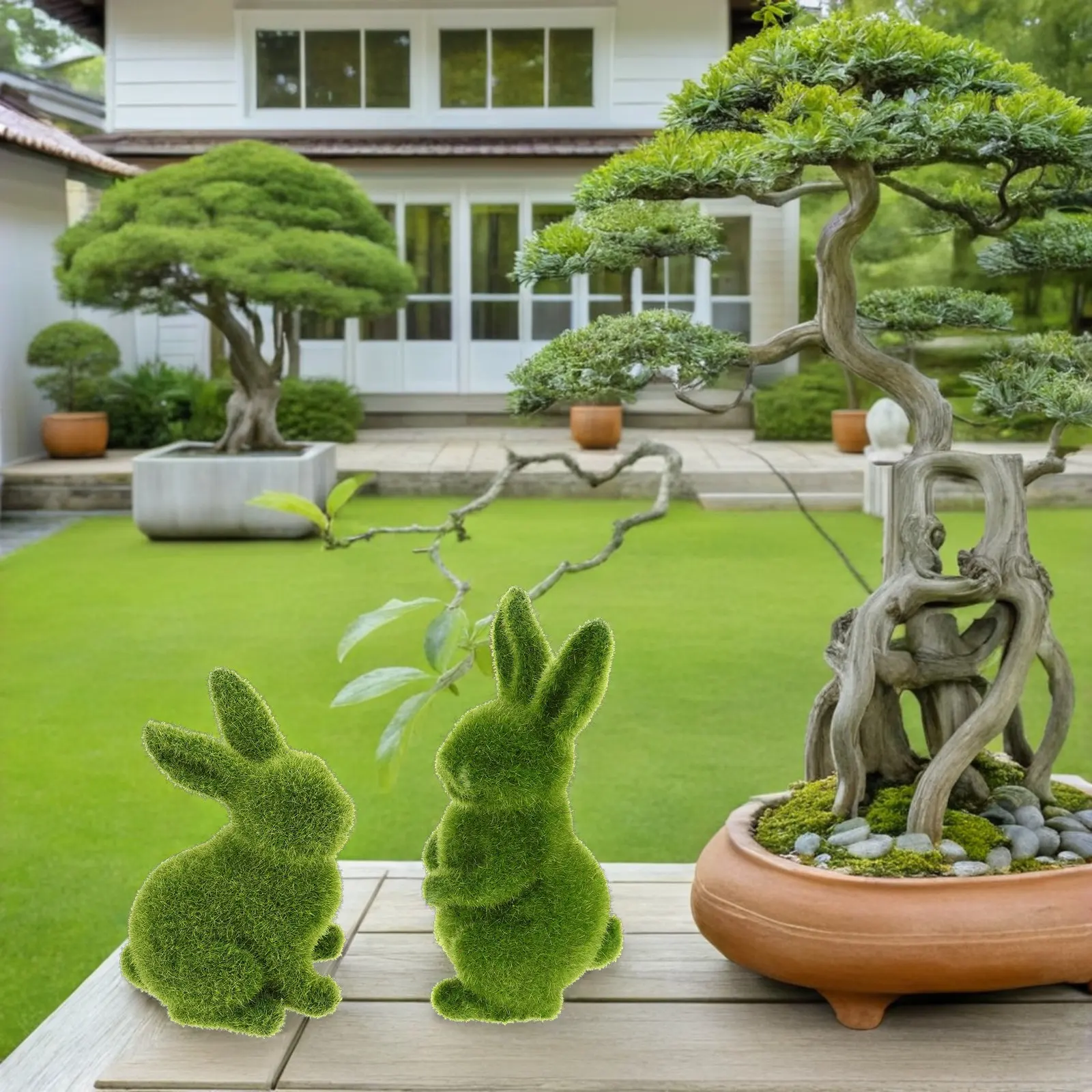 2Pcs Realistic Resin Bunny Statue Seamless Outdoor Decor for Patio Lawn Balcony Yard Courtyard Faux Moss Covered Bunny