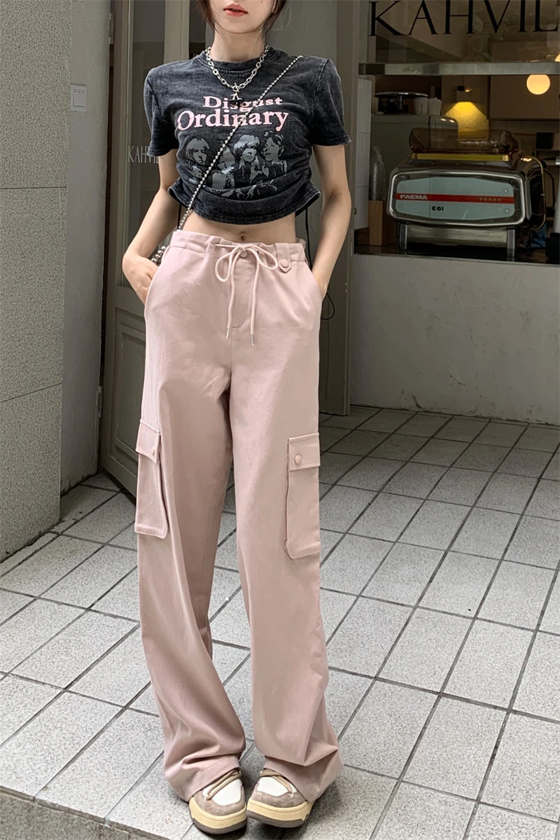 

High Waist Drawstring Overalls Straight Casual Pants Spring Vintage Wide Leg Pants Pants Skinny Pants Children