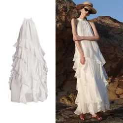 2024 New Summer Off Shoulder Halter Holiday Beach Loose Dress Chic Women Sleeveless Ruffles Chiffon Split Boho Cake Long Vestido